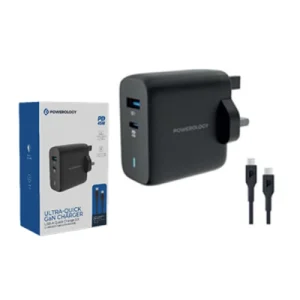 Powerology 63W Ultra-Quick GaN Charger 45W PD & USB-A Quick Charge 18W QC3.0 With 60W Type-C To Type-C Cable