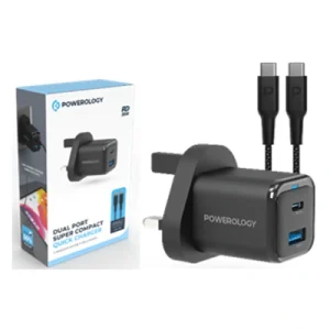 Powerology Dual Port Super Compact Quick Charger With USB-C To USB-C Cable 1.2m4ft
